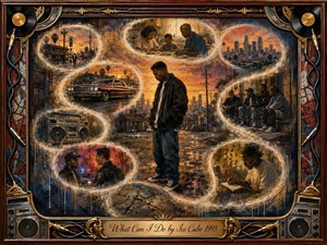 A reflective young man stands on a cracked city street at sunset, surrounded by glowing memory bubbles tracing family, friends, a lowrider, police tension, music, and urban life. Warm amber, dusty red, and smoky blue tones blend through painterly mixed-media textures, framed by ornate wood, chrome, vinyl, cables, speakers, and engraved gold detailing.