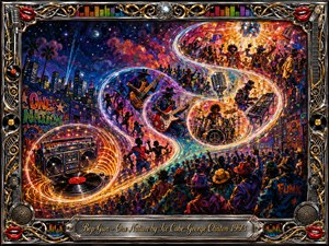 A vibrant funk concert erupts beneath a glowing city night, with musicians, dancers, and an energized crowd woven through swirling ribbons of light. Electric blues, fiery oranges, golds, and purples create a psychedelic atmosphere. Rich painterly textures, disco balls, guitars, drums, vinyl records, and chrome ornamentation frame the celebratory scene.