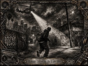 A tense charcoal streetscape shows a lone man running beneath a police helicopter sweeping a harsh spotlight across graffiti-covered buildings, chain-link fences, and tangled power lines. Deep blacks, smoky grays, and metallic highlights create a gritty noir mood, framed by ornate chrome, gold inlay, barbed wire, speakers, cables, and a boombox.