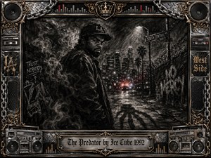 A brooding figure stands on a rain-darkened Los Angeles street, surrounded by smoke, graffiti, chain-link fencing, and distant police lights. Deep charcoal textures create a tense, predatory mood, accented by muted reds, steel gray, and gold. An ornate chrome frame with chains, speakers, cassettes, and boombox details completes the gritty urban composition.