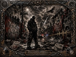 A lone hooded figure stands in a battered South Central alley beneath storm-dark skies, distant city towers, circling birds, graffiti, and flashing police lights. Deep charcoal textures, blackened steel, rust, crimson accents, and muted gold create a tense urban mood, framed by chains, barbed wire, speakers, records, and ornate metalwork.