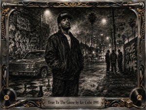 A stoic street figure stands beneath glowing lamps on a gritty nighttime city block, surrounded by graffiti, a classic lowrider, distant companions, chess pieces, cards, and dice. Deep feathered charcoal textures create smoky shadows and silver highlights, while an ornate chrome-and-gold frame adds microphones, vinyl records, chains, and urban symbolism.