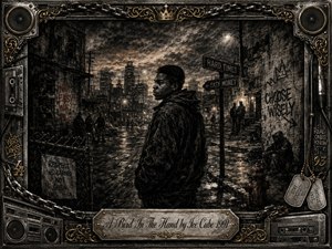 A solitary young man stands at a rain-darkened urban crossroads, surrounded by decaying buildings, distant city lights, and stark signs pointing toward hardship and temptation. Deep charcoal textures, muted browns, blacks, and tarnished gold create a tense, reflective mood. Chains, speakers, cassettes, graffiti, and ornate metalwork frame the gritty scene.