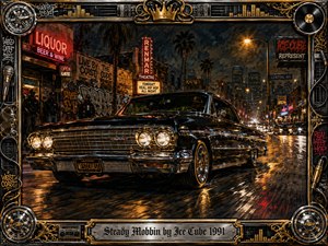 A glossy black lowrider cruises through a neon-lit city boulevard at night, surrounded by graffiti, palm trees, storefronts, and shadowed street figures. Rich blacks, chrome, gold, crimson, and amber reflections create a confident, gritty mood. Painterly textures, wet pavement, glowing lights, and an ornate music-themed frame amplify the urban energy.