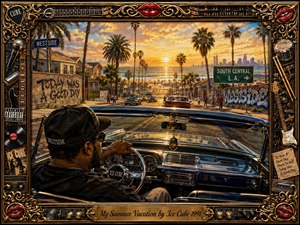 A richly detailed oil-painted scene shows a lowrider convertible cruising through palm-lined Los Angeles toward a glowing ocean sunset. Warm gold, amber, and deep blue tones create a nostalgic yet streetwise mood. Ornate musical framing, graffiti, vintage signs, instruments, records, and chrome details surround the cinematic summer composition.