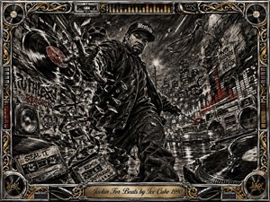 A fierce rapper strides through a rain-slicked city alley as vinyl records, cassette ribbons, microphones, speakers, and shattered musical fragments swirl around him. Deep charcoal blacks and smoky grays dominate, sharpened by muted red and metallic gold accents. Dramatic lighting, graffiti walls, wet reflections, and ornate audio-themed framing create a rebellious, kinetic street-art atmosphere.