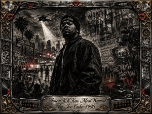 A defiant man dominates a turbulent South Central street scene, surrounded by police lights, protest silhouettes, a helicopter searchlight, graffiti, and fragmented news imagery. Deep feathered charcoal textures create a harsh, smoky mood, while muted red accents punctuate the monochrome palette. An ornate chrome-and-gold frame and engraved title plate complete the confrontational composition.