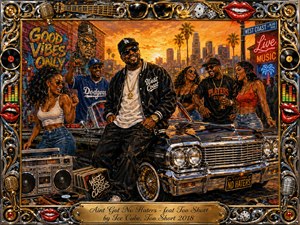 A confident West Coast block party unfolds around a gleaming classic lowrider beneath a fiery orange sunset. Laughing friends, palm trees, graffiti, neon signs, and vintage music gear create a celebratory street atmosphere. Rich oil-painted textures, chrome highlights, gold accents, deep blacks, and warm lighting give the scene swagger, energy, and nostalgic urban glamour.