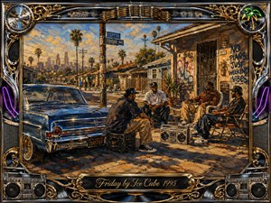 A warm, textured street scene captures friends relaxing beside a gleaming vintage Cadillac on a sunlit Los Angeles block. Golden afternoon light, palm trees, graffiti, a boombox, and distant skyline create an easygoing weekend mood. Ornate chrome-and-gold musical framing surrounds the painterly composition, anchored by an elegant engraved title plate.