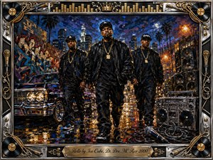 Three commanding rappers stride through a rain-slicked Los Angeles night, framed by a gleaming lowrider, graffiti, towering speakers, and a boombox. Deep blues, black, gold, and fiery streetlight reflections create a defiant cinematic mood. Thick acrylic-style brushwork, chrome details, vinyl records, microphones, and ornate gold inlay complete the powerful composition.