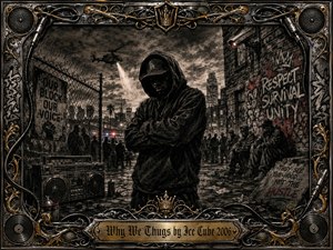 A hooded figure stands defiantly in a gritty urban alley, surrounded by chain-link fencing, graffiti, seated silhouettes, police lights, and a hovering helicopter spotlight. Deep charcoal textures and muted black, gray, and bronze tones create a tense, confrontational mood. An ornate metallic frame, boombox, cables, speakers, and engraved title plate complete the composition.