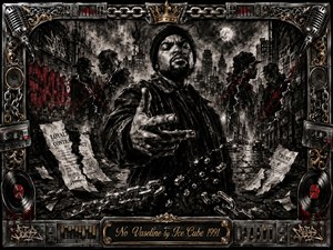 A defiant rapper stands in a shadowy urban alley, reaching toward the viewer amid broken chains, torn contracts, and fractured silhouettes. Deep charcoal textures, smoky blacks, metallic grays, dark red accents, and sharp chiaroscuro create a fierce, confrontational mood. An ornate chrome-and-gold hip-hop frame surrounds the dramatic composition.