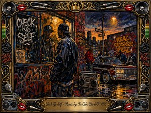 A gritty urban hip-hop scene unfolds beneath a fiery dusk sky, where a lone man confronts his reflection beside graffiti-covered brick walls, a gleaming lowrider, and a vintage boombox. Deep blues, black, crimson, and gold dominate the textured oil-paint style, framed by ornate chrome, records, microphones, cables, and red lips.