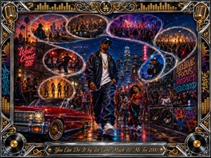A confident rapper strides through a neon-lit West Coast street party, surrounded by dancers, cheering crowds, booming speakers, graffiti, and a gleaming red lowrider. Feathered memory bubbles sweep across the skyline in an S-curve. Saturated blues, reds, golds, and purples glow through dramatic acrylic textures, framed by ornate chrome and gold musical details.