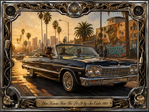 A black lowrider convertible cruises through a palm-lined Los Angeles neighborhood at golden hour, carrying three relaxed figures beneath a warm amber sky. Bold graffiti, street murals, and distant towers create an urban backdrop. Rich oil-painted textures, gleaming chrome, deep blacks, gold highlights, and an ornate music-themed frame evoke confident West Coast nostalgia.