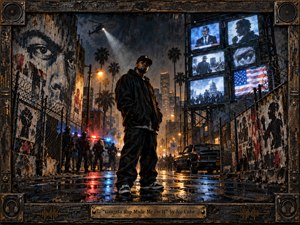 A lone rapper stands defiantly on a rain-slicked Los Angeles street beneath smoky night skies, framed by police lights, helicopters, surveillance screens, murals, and barbed fencing. Deep blacks, rusted browns, electric blues, and red reflections create a tense noir atmosphere, rendered with gritty mixed-media texture, weathered metal, and dramatic cinematic lighting.