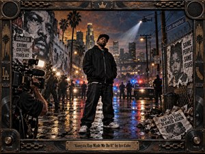A defiant rapper stands in a rain-slicked Los Angeles street, framed by police lights, news cameras, towering palms, and glowing downtown buildings. Deep blacks, rusted browns, fiery orange skies, and cold blue highlights create a tense, confrontational mood. Gritty photographic realism, weathered textures, political posters, and an industrial music-inspired frame reinforce the urban intensity.