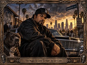 A stern figure in dark streetwear sits beside a muscular dog and polished lowrider on a South Los Angeles street at sunset. Storm clouds, palm trees, murals, and the glowing skyline create a tense, defiant mood. Warm gold light contrasts with deep shadows, while the ornate bronze frame adds gritty, handcrafted realism.