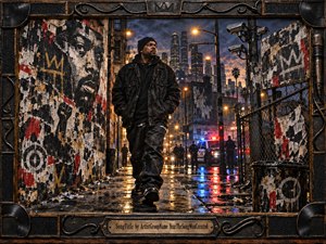 A solitary man strides through a rain-slicked urban alley framed by torn posters, chain-link fencing, surveillance cameras, and distant police lights. Warm streetlamps contrast with cold blue-red reflections beneath a brooding skyline. Gritty mixed-media textures, distressed surfaces, dark clothing, and an industrial record-inspired frame create a defiant, tense, confrontational atmosphere.