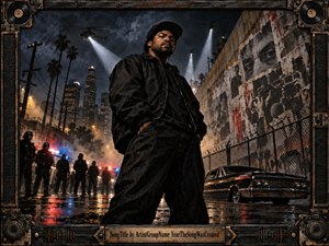 A defiant figure stands in a rain-slicked Los Angeles street beneath helicopters and harsh searchlights, framed by police, flashing patrol cars, murals, fencing, and a vintage lowrider. Deep blacks, smoky grays, amber streetlights, and red-blue reflections create a tense, confrontational atmosphere rendered in gritty, cinematic realism.