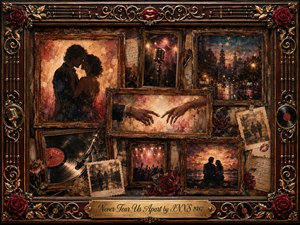 A richly framed nostalgic collage portrays enduring romance through faded memories of embracing lovers, reaching hands, city nights, concert crowds, vinyl records, roses, and a vintage microphone. Warm amber, crimson, brown, and muted blue tones glow under soft theatrical lighting, while painterly textures, antique frames, and ornate gold details create a tender, timeless atmosphere.