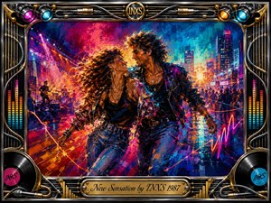 A vibrant couple strides through a neon-lit city concert scene, radiating confidence, attraction, and restless energy. Electric magenta, cyan, orange, and gold explode across the painterly composition, illuminated by stage lights and glowing streets. An ornate chrome-and-gold music-themed frame surrounds them, crowned with records, cables, spotlights, and an engraved title plate.