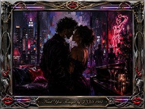A seductive couple stands close in a neon-lit city apartment, framed by midnight skyscrapers, a glossy piano, cocktails, and crimson reflections. Deep purples, blacks, reds, and chrome create a sultry nocturnal mood. Expressive painterly textures, glowing signage, red lips, guitar strings, and ornate metallic details evoke sleek 1980s romance.