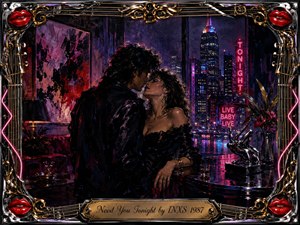 A glamorous couple leans close in a shadowy penthouse overlooking a neon-soaked city at night. Deep blacks, crimson, violet, and chrome create a seductive, electric mood. Painterly textures blend noir romance with rock elegance, while glowing signs, reflective surfaces, red lips, guitar-string details, and an ornate gold title plate frame the scene.