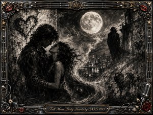 A shadowed couple embraces beneath a luminous full moon overlooking a restless city, surrounded by swirling charcoal textures, fractured hearts, smoke, and graffiti. Deep blacks, silvery grays, gold accents, and vivid red ornaments create a brooding romantic mood. An ornate rock-themed frame with roses, strings, vinyl, and microphone details completes the dramatic composition.