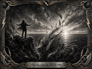 A lone figure stands on a rugged cliff above a dark ocean, arms open toward a glowing horizon as swirling featherlike charcoal forms rise from the depths. Monochrome silver, black, and smoky gray tones create a haunting yet hopeful mood, framed by ornate chrome, gold inlay, musical hardware, wings, and engraved details.