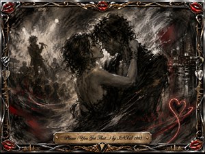 A passionate couple embraces at the center of a smoky concert scene, surrounded by shadowy musicians, city lights, and sweeping sound-wave marks. Deep charcoal blacks and silvery grays contrast with crimson neon and gold accents. Dramatic lighting, feathered textures, red lips, guitar picks, and ornate chrome framing create a sensual rock atmosphere.