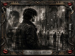 A solitary figure gazes through rain-streaked glass toward a glowing nighttime city, surrounded by ghostly reflections and blurred pedestrians. Deep charcoal textures, smoky blacks, silvery highlights, and dramatic light create an introspective mood. An ornate chrome-and-gold musical frame, vivid red lips, guitar strings, microphone details, and engraved title plate add theatrical rock elegance.