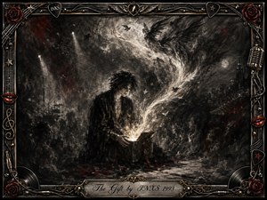 A solitary dark-haired figure opens a glowing gift amid a shadowy dreamlike stage, as feathered light and smoke sweep upward in an elegant S-curve. Deep charcoal blacks, smoky grays, crimson accents, and warm gold highlights create a mysterious, emotional mood, framed by ornate chrome, roses, musical motifs, and engraved lettering.