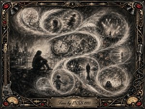 A haunting charcoal dreamscape traces time through feathered bubbles arranged in a flowing S-curve, revealing clocks, city lights, childhood, solitude, love, and performance. Smoky blacks, silvery grays, warm gold accents, and red lips create a nostalgic rock atmosphere, framed by ornate chrome, instruments, cables, VU meters, and engraved titlework.