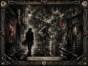 A solitary figure walks through a rain-darkened city maze of alleys, stairways, neon signs, and distant towers, suggesting restless searching and uncertainty. Deep feathered charcoal textures, smoky grays, wet reflections, and restrained crimson accents create a brooding cinematic mood. An ornate music-themed metallic frame surrounds the atmospheric scene.
