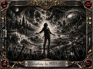 A lone rock figure stands amid crashing waves, city lights, swirling clouds, stars, and a shadowy concert crowd, creating a dramatic sense of connection and infinity. Deep feathered charcoal textures dominate, contrasted by luminous highlights, while an ornate gold-and-chrome musical frame, red lips, microphones, records, and an engraved title plate complete the scene.