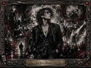 A brooding charcoal portrait centers a tousled rock figure against a rain-slicked city and smoky concert stage, surrounded by fractured sound waves, spotlights, and a looming clock. Deep blacks, silver grays, and crimson accents create tense cinematic energy, while an ornate chrome-and-gold musical frame and engraved title plate complete the dramatic composition.