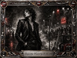 A brooding rock figure stands against a smoky nighttime cityscape, framed by stage lights, a microphone, guitar, amplifier, and shadowy crowds. Deep charcoal blacks and silvery grays dominate, punctuated by vivid red neon and lips. Ornate chrome-and-gold musical details surround the dramatic, decadent composition, creating an elegant, restless atmosphere.