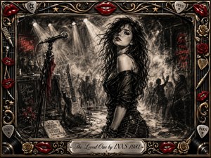 A mysterious woman stands amid a smoky rock-club scene, surrounded by a microphone, electric guitar, shadowy dancers, and sweeping stage lights. Deep charcoal textures, silvery highlights, and crimson accents create a sensual, restless mood. An ornate chrome-and-gold frame of lips, roses, records, cables, and guitar picks completes the dramatic composition.