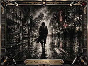 A lone figure strides through a rain-soaked city street at night, surrounded by blurred pedestrians, neon signs, and shimmering reflections. Deep feathered charcoal textures create a gritty, determined mood, accented by muted red light. An ornate chrome-and-gold musical frame features records, cables, guitar details, and the engraved title plate.