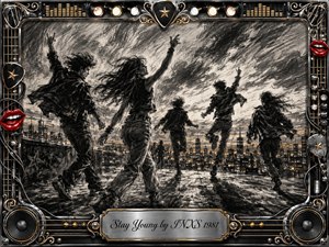 A dynamic charcoal scene shows young figures running and dancing across a rooftop above a glowing city skyline, their windblown hair and clothing emphasizing freedom and restless energy. Dramatic black, gray, and warm amber tones create a gritty nighttime mood, framed by ornate chrome, gold, speakers, guitar details, red lips, and an engraved title plate.