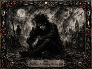 A weary dark-haired figure sits amid tangled cables and looming speakers beneath a smoky moonlit cityscape, surrounded by ghostly faces, bats, and stage shadows. Deep feathered charcoal textures create a brooding, sleepless mood, while silver, gold, red lips, roses, skulls, and musical ornaments enrich the elaborate gothic frame.