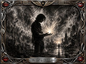 A solitary figure stands in a smoky, dreamlike city-stage landscape, cradling a radiant gift of light in open hands. Deep feathered charcoal textures, ghostly faces, instruments, and distant reflections create a mystical, introspective mood. An ornate chrome-and-gold musical frame with vivid red lips surrounds the dramatic monochrome composition.
