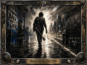 A lone guitarist strides through a rain-darkened city toward brilliant light, trailing cables across reflective pavement. Deep feathered charcoal textures create a gritty, resilient mood, accented by electric blue and warm gold. Ornate chrome and gold music-themed framing, speakers, strings, picks, and the engraved title plate complete the dramatic composition.