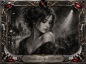 A graceful young woman emerges from richly feathered charcoal textures, her downcast expression conveying tenderness and quiet reflection against a smoky nighttime city and stage setting. Silvery grays, deep blacks, soft spotlights, and subtle highlights create a romantic mood, while an ornate chrome-and-gold musical frame adds vivid red accents and vintage details.