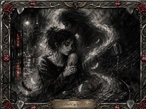 A tearful woman is held in a protective embrace beneath a rain-soaked city night, surrounded by swirling charcoal feathers and musical lines. Deep blacks, silvery grays, muted reds, and warm gold highlights create a tender, melancholic mood. An ornate rock-inspired frame, vintage microphone, roses, red lips, and engraved title plate complete the dramatic composition.