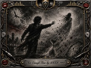 A shadowed figure reaches desperately toward a woman dissolving into wind and charcoal dust beneath fractured clocks, evoking love slipping beyond reach. Deep blacks, smoky grays, silver highlights, and muted crimson accents create a haunting atmosphere. An ornate chrome-and-gold musical frame surrounds the scene, crowned with the engraved title plate.