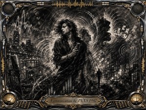 A brooding charcoal rock figure grips a microphone amid a rain-darkened city, surrounded by ghostly faces, radio signals, sound waves, speakers, and glowing street reflections. Deep blacks, smoky grays, and metallic gold accents create dramatic contrast. An ornate audio-themed frame with cables, meters, and hardware reinforces the tense, restless mood.