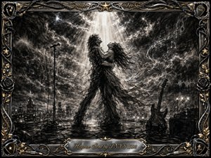 A passionate couple embraces beneath a radiant heavenly spotlight on a stormy rooftop stage, surrounded by swirling smoke, musical notes, a microphone, guitar, and distant city lights. Deep charcoal textures create a dramatic monochrome mood, while silver highlights and ornate gold-and-chrome framing add romantic, mystical rock energy and refined detail.