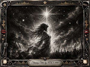 A luminous woman rises through swirling charcoal smoke beneath a brilliant star, surrounded by a shadowed concert crowd and distant stage lights. Deep blacks, silvery grays, gold accents, and bright red lips create dramatic contrast. An ornate chrome-and-gold musical frame, microphones, guitar picks, cables, and engraved title plate complete the theatrical composition.